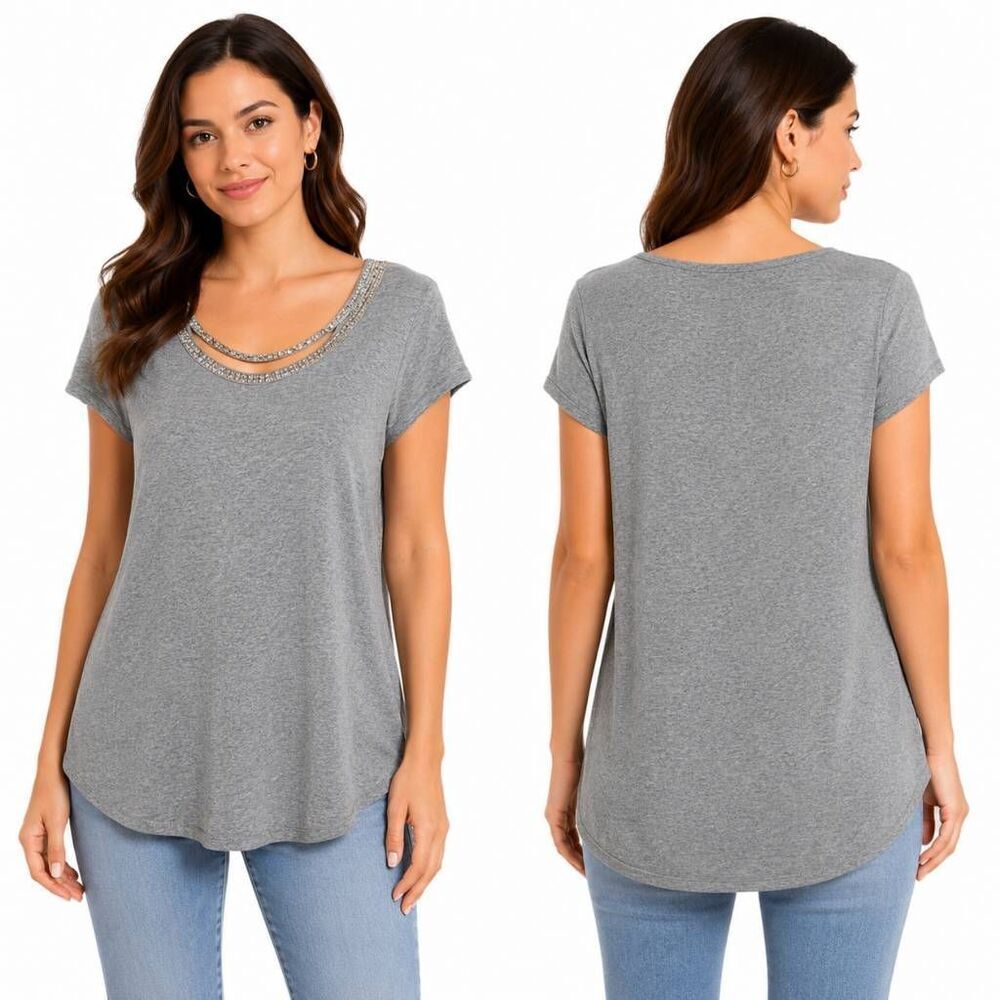 Ann Taylor Loft Gray Embellished Neck Tee Small